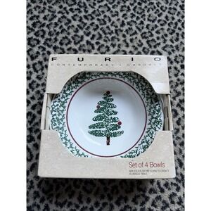 VTG Furio Sponge Christmas Tree Set of 4 Soup Bowls Green Red Band Italy 8" NIB